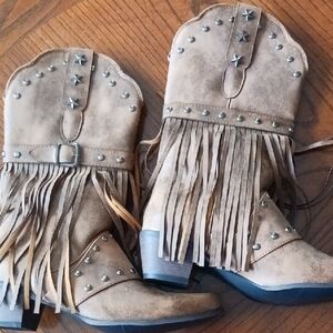 Erocalli Tan Heeled Boots with Fringe